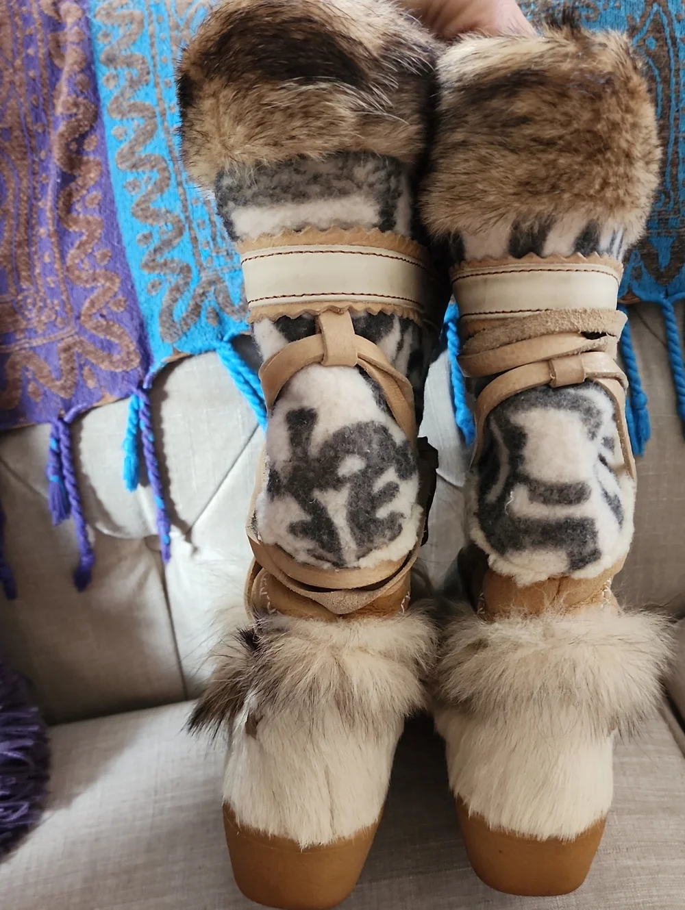 Tecnica Tan and Cream 80’s Ski Fur Winter Boots with Patterned Shaft size 38.